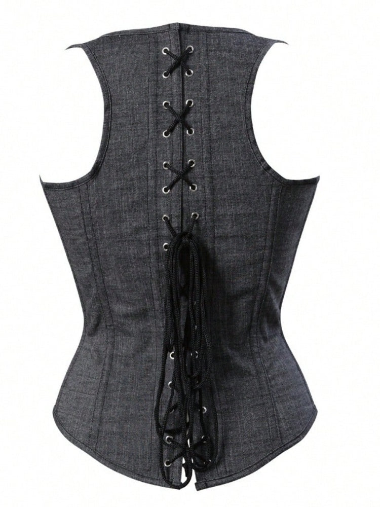 Denim Corset Vest | Button-Up Waist Trainer with Lace-Up Back