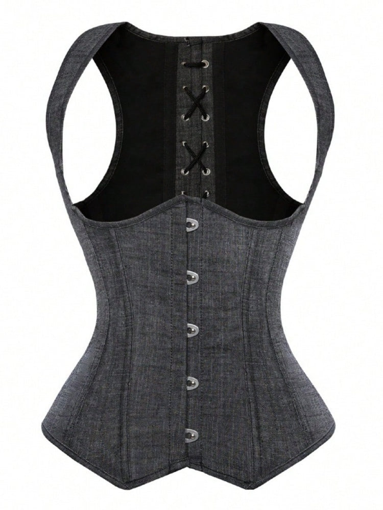 Denim Corset Vest | Button-Up Waist Trainer with Lace-Up Back