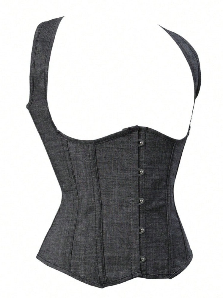 Denim Corset Vest | Button-Up Waist Trainer with Lace-Up Back