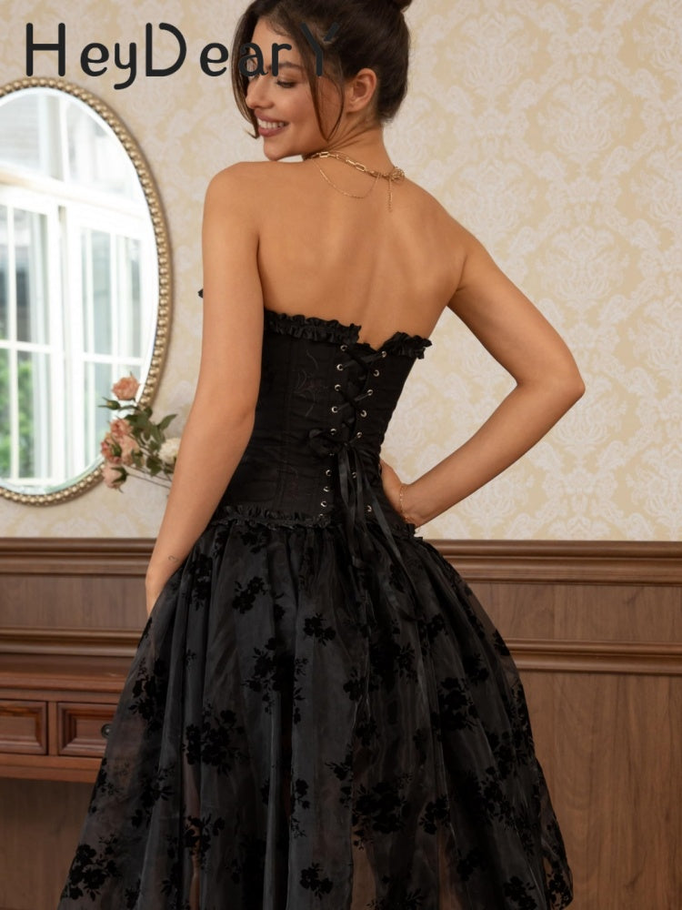 Ruffled Strapless Corset Top | Bow & Lace-Up Detailing
