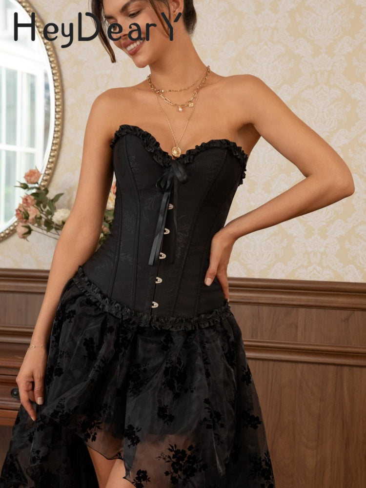 Ruffled Strapless Corset Top | Bow & Lace-Up Detailing