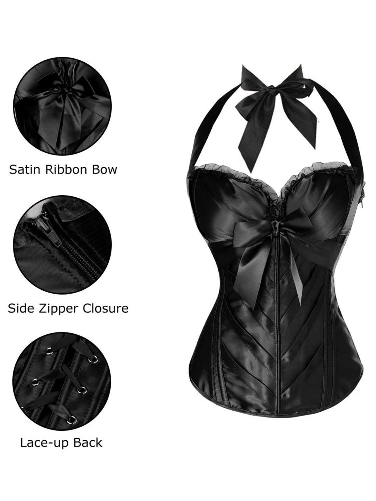 Elegant Satin Halter Corset Top | Bow Detail & Lace-Up Back