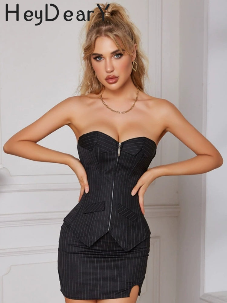 Pinstripe Strapless Corset Top | Zipper Front & Lace-Up Back