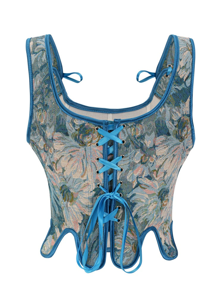Vintage Floral Jacquard Corset | Bow Straps & Adjustable Lace-Up