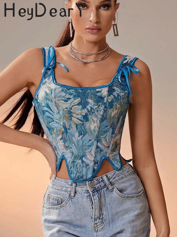 Vintage Floral Jacquard Corset | Bow Straps & Adjustable Lace-Up