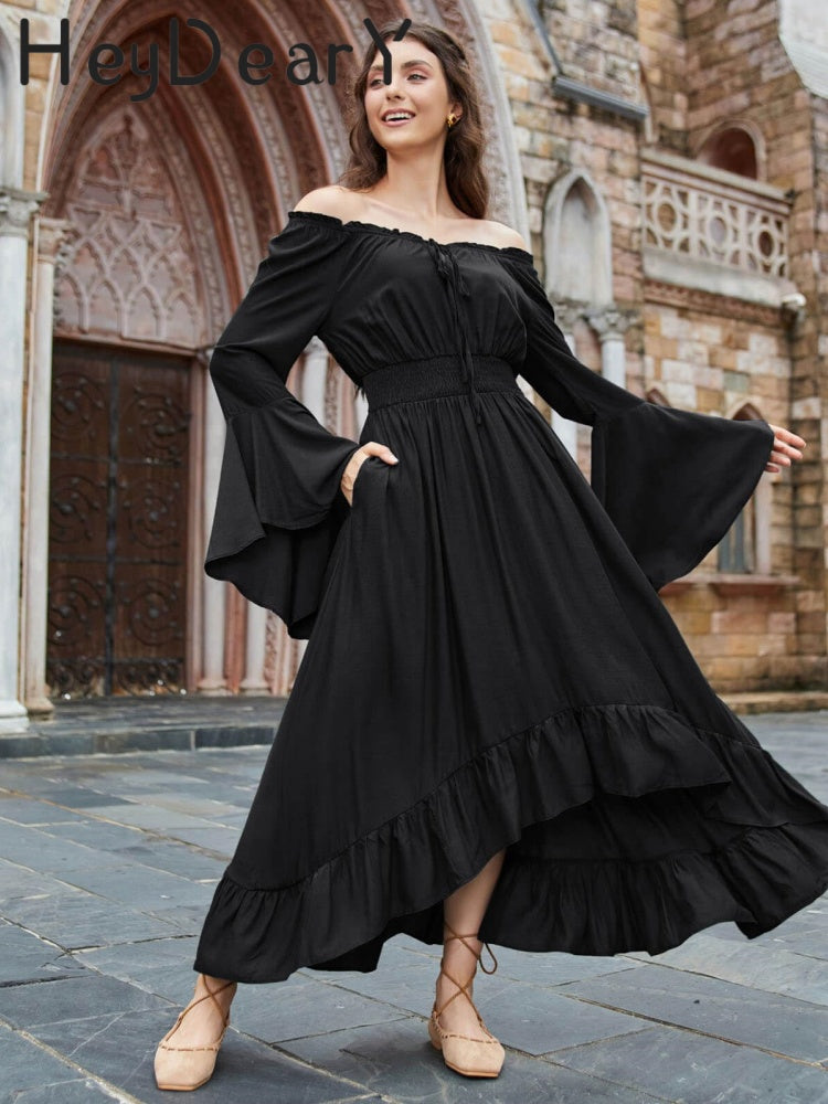 Off-Shoulder Black Maxi Dress | Flared Sleeves, Ruffled Hem & Tie Neck HeyDearY Off-Shoulder Black Maxi Dress | Flared Sleeves, Ruffled Hem & Tie Neck HeyDearY