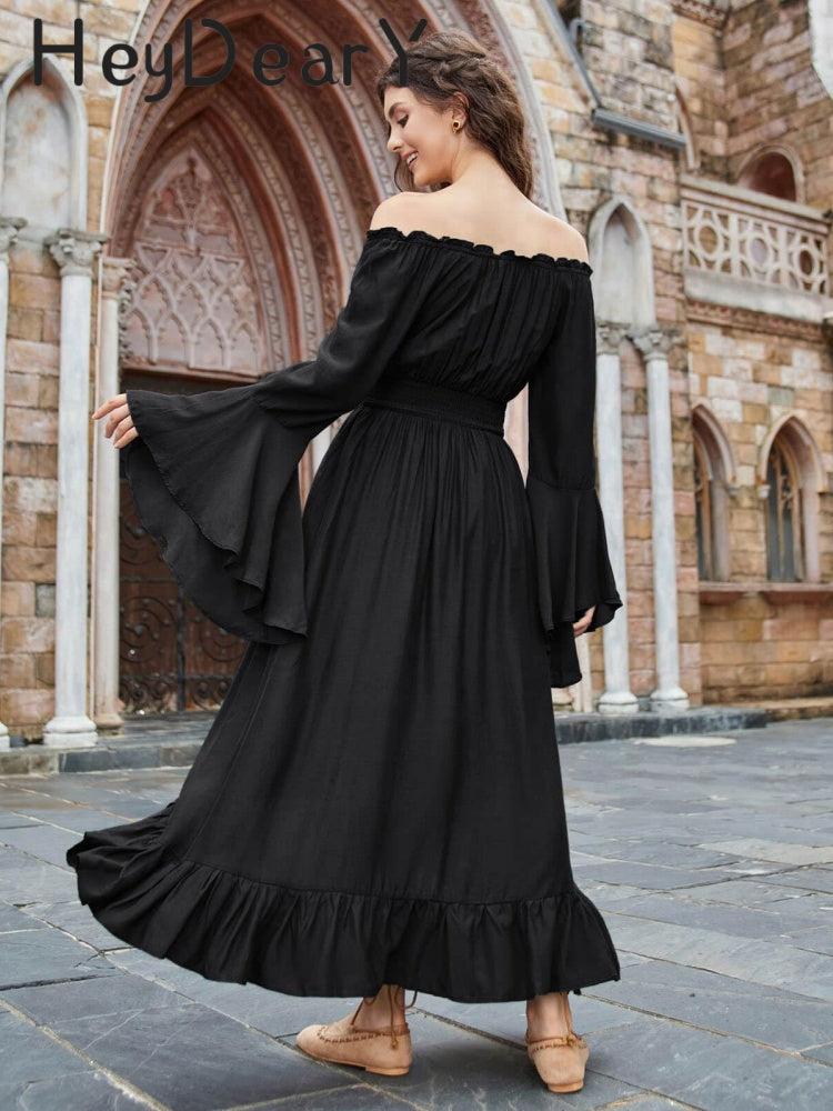 Bohemian Off-Shoulder Maxi Dress | Flared Sleeves & Ruffled Hem