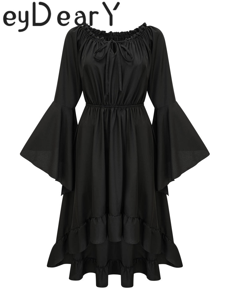 Off-Shoulder Black Maxi Dress | Flared Sleeves, Ruffled Hem & Tie Neck HeyDearY Off-Shoulder Black Maxi Dress | Flared Sleeves, Ruffled Hem & Tie Neck HeyDearY
