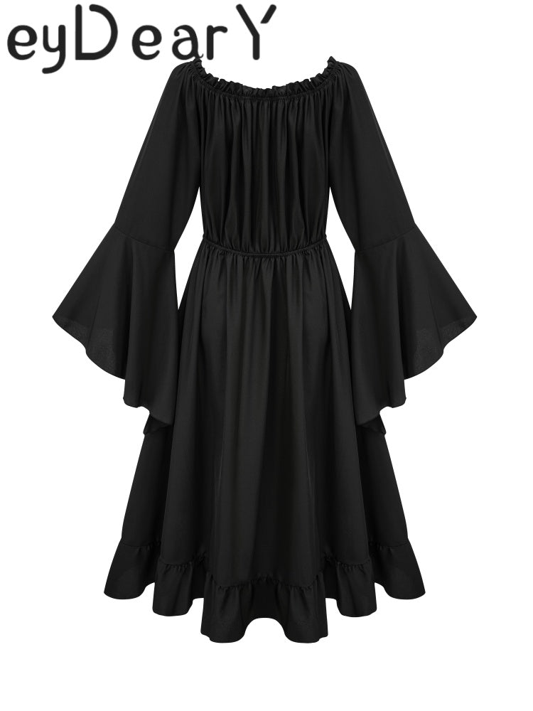 Off-Shoulder Black Maxi Dress | Flared Sleeves, Ruffled Hem & Tie Neck HeyDearY Off-Shoulder Black Maxi Dress | Flared Sleeves, Ruffled Hem & Tie Neck HeyDearY