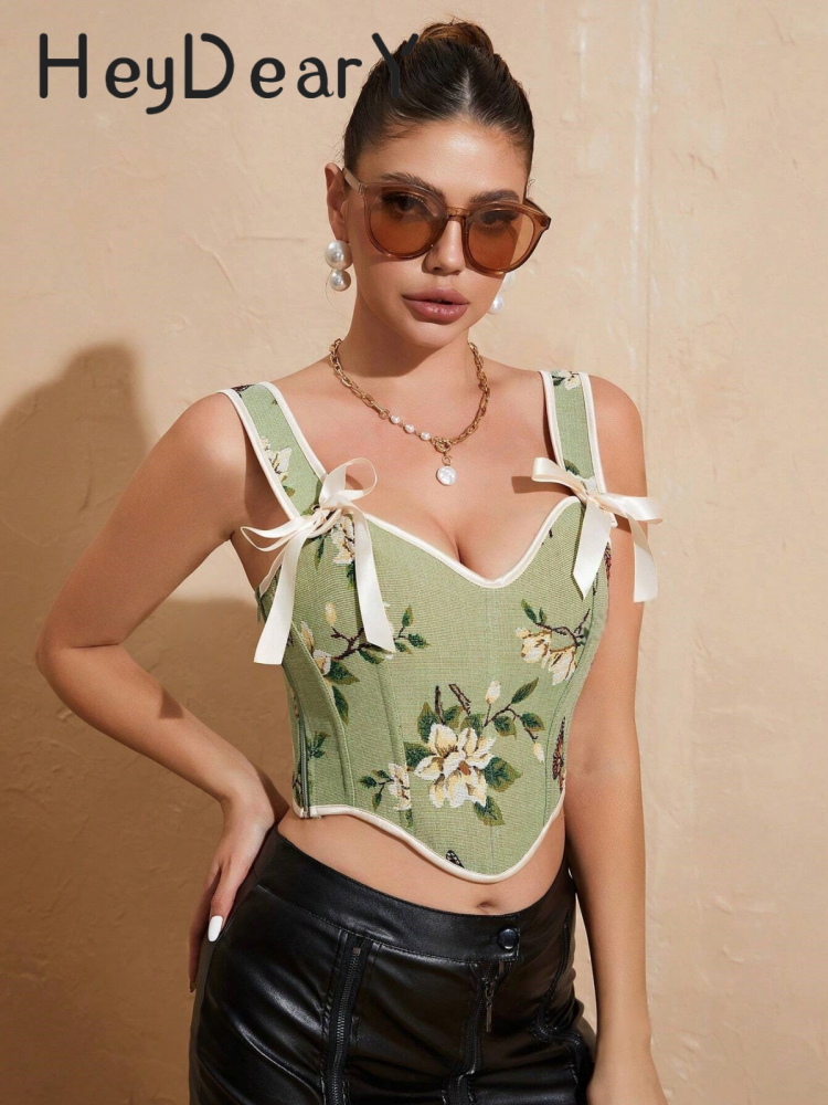 Botanical Floral Print Corset | Bow Straps & Lace-Up Back