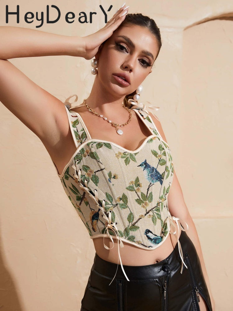 Vintage Floral Jacquard Corset Top | Adjustable Straps & Ribbon Details