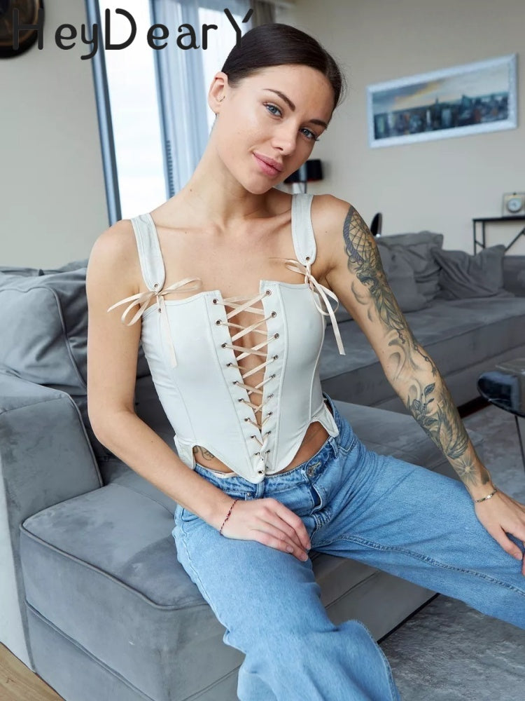 Lace-Up Corset Top with Adjustable Straps & Bow Details