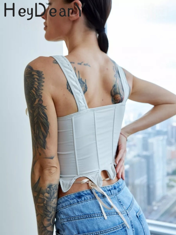 Lace-Up Corset Top with Adjustable Straps & Bow Details