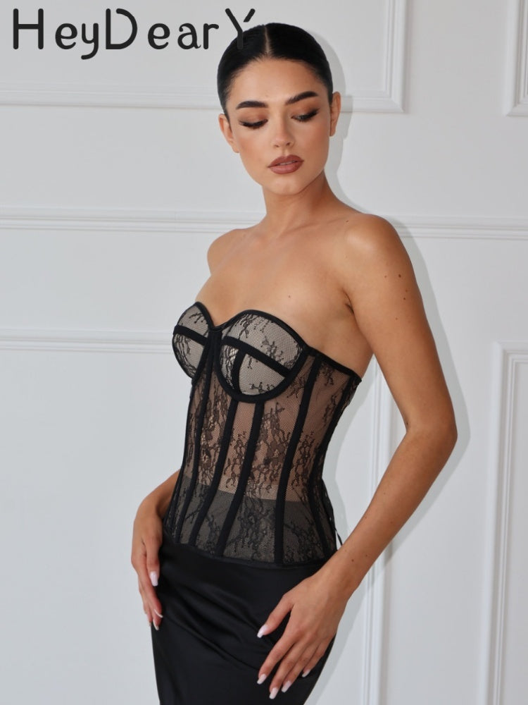 Lace Sheer Strapless Corset | Boned Bustier for Evening Glam