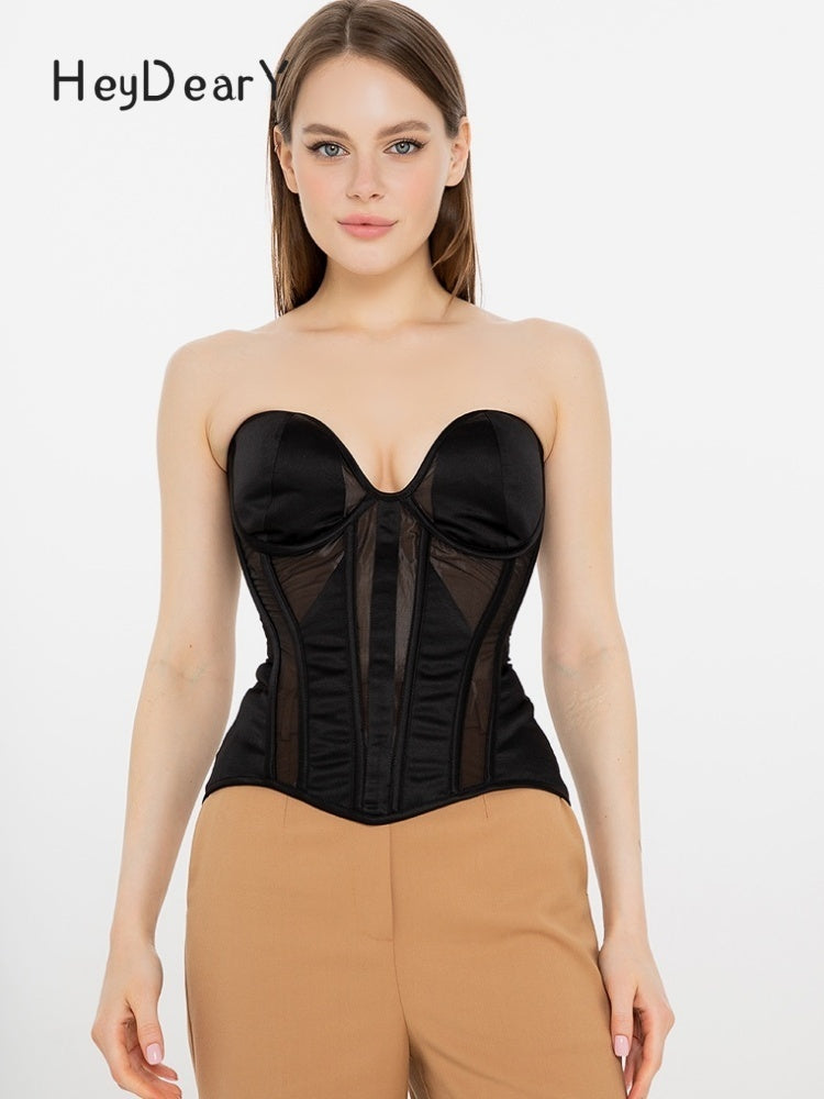 Strapless Sheer Mesh Corset | Satin Cups & Lace-Up Back