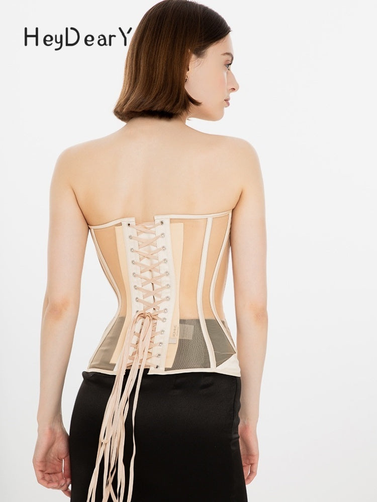 Strapless Sheer Mesh Corset | Satin Cups & Lace-Up Back