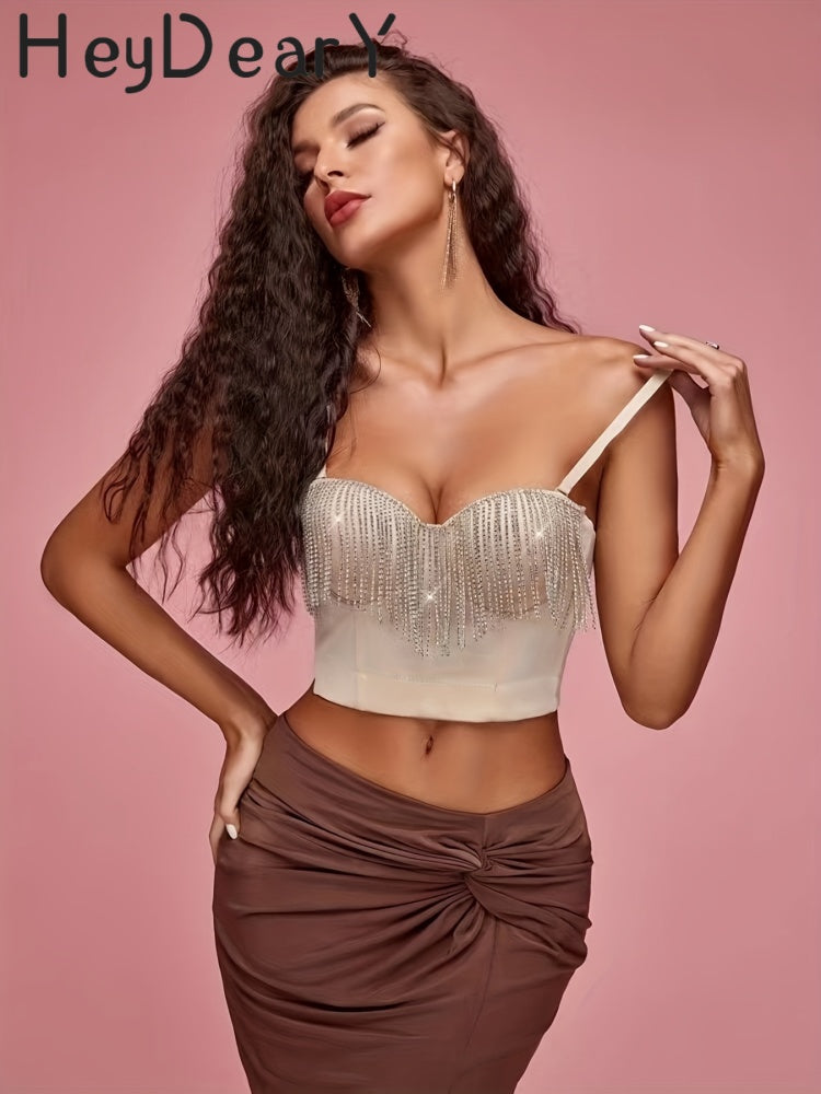 Sparkly Rhinestone Fringe Corset Top | Adjustable Straps & Structured Fit