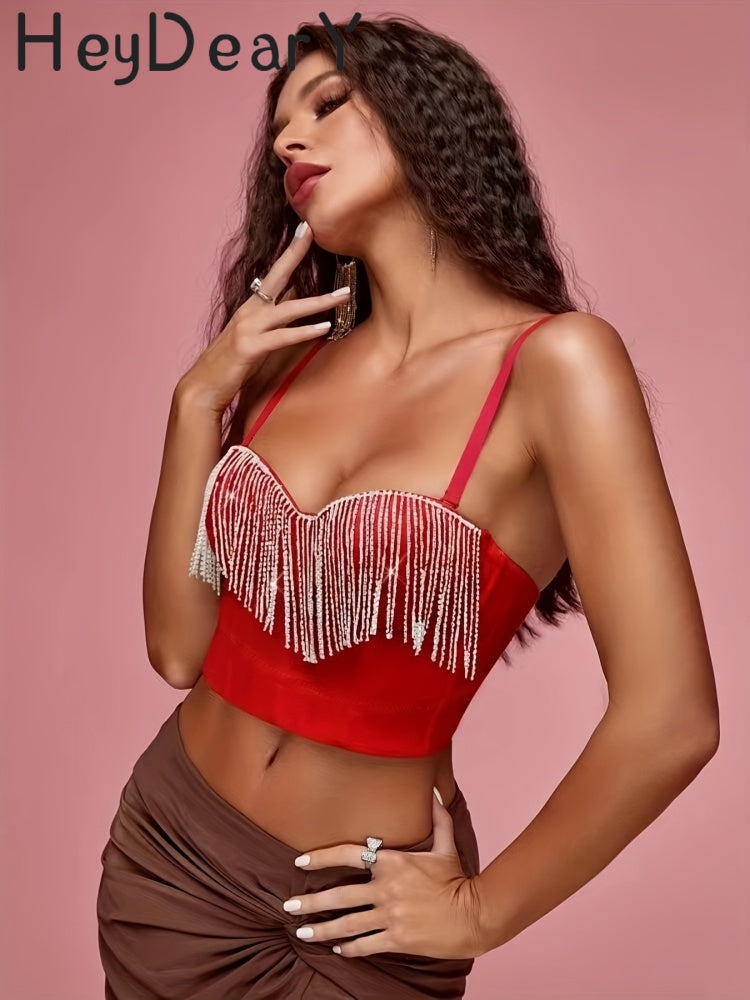 Sparkly Rhinestone Fringe Corset Top | Adjustable Straps & Structured Fit