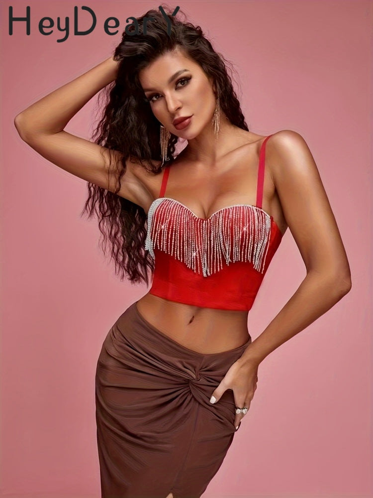 Sparkly Rhinestone Fringe Corset Top | Adjustable Straps & Structured Fit