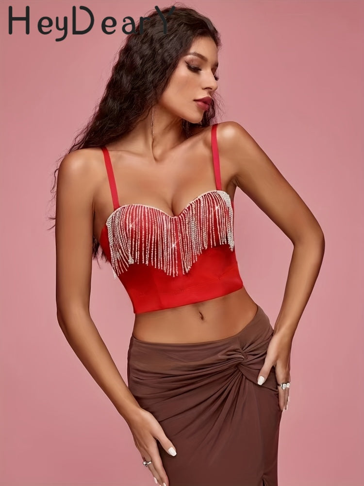 Sparkly Rhinestone Fringe Corset Top | Adjustable Straps & Structured Fit