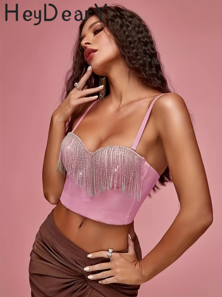 Sparkly Rhinestone Fringe Corset Top | Adjustable Straps & Structured Fit
