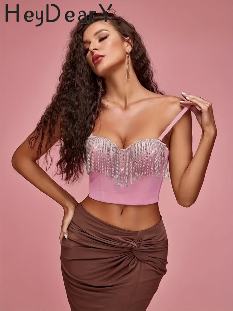 Sparkly Rhinestone Fringe Corset Top | Adjustable Straps & Structured Fit