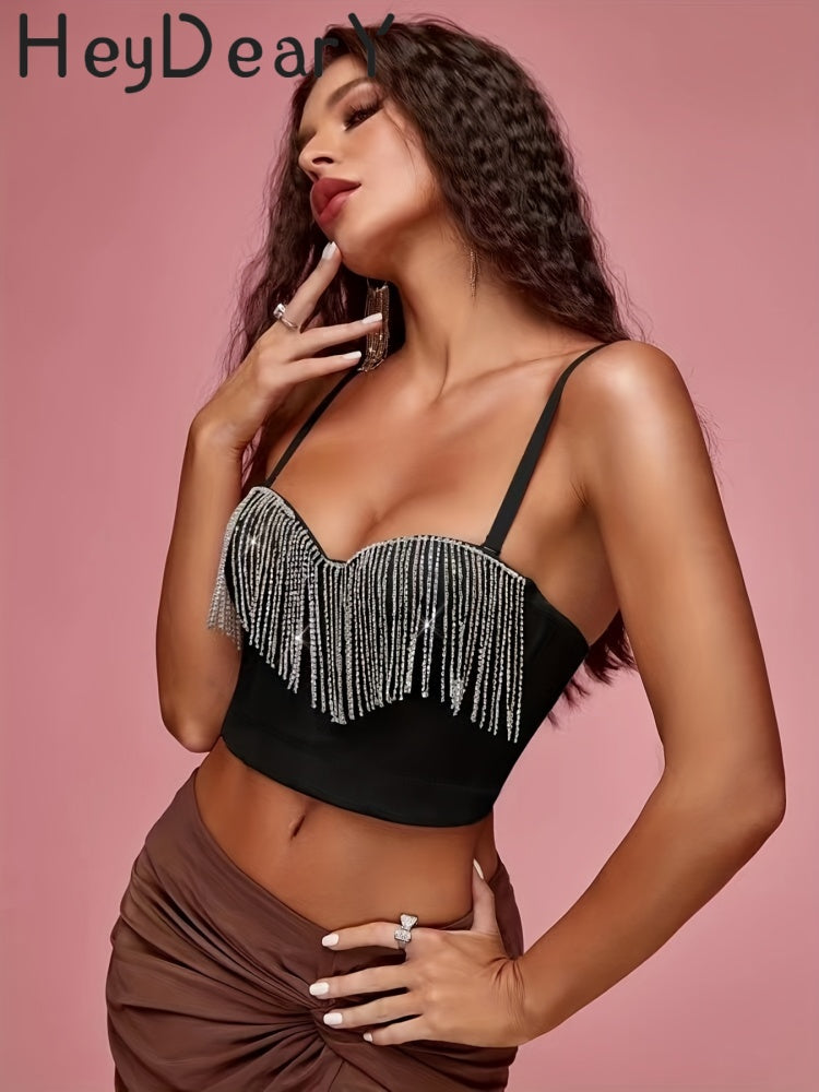 Sparkly Rhinestone Fringe Corset Top | Adjustable Straps & Structured Fit
