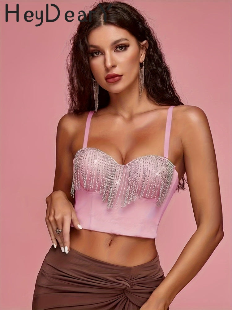 Sparkly Rhinestone Fringe Corset Top | Adjustable Straps & Structured Fit