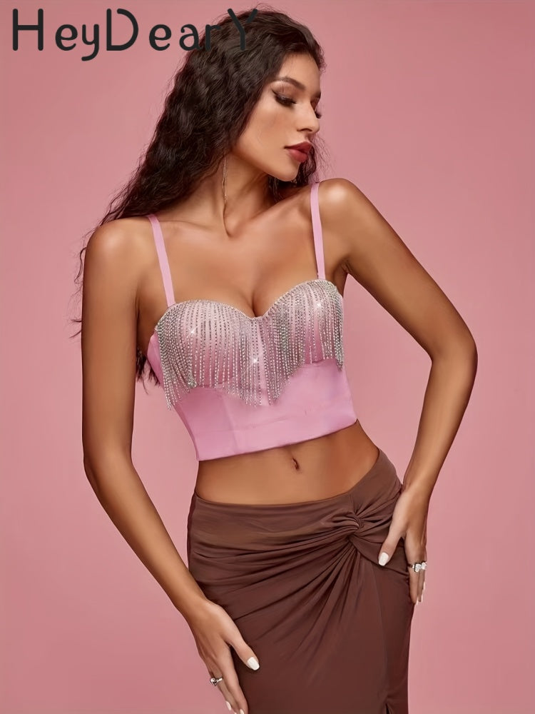 Sparkly Rhinestone Fringe Corset Top | Adjustable Straps & Structured Fit