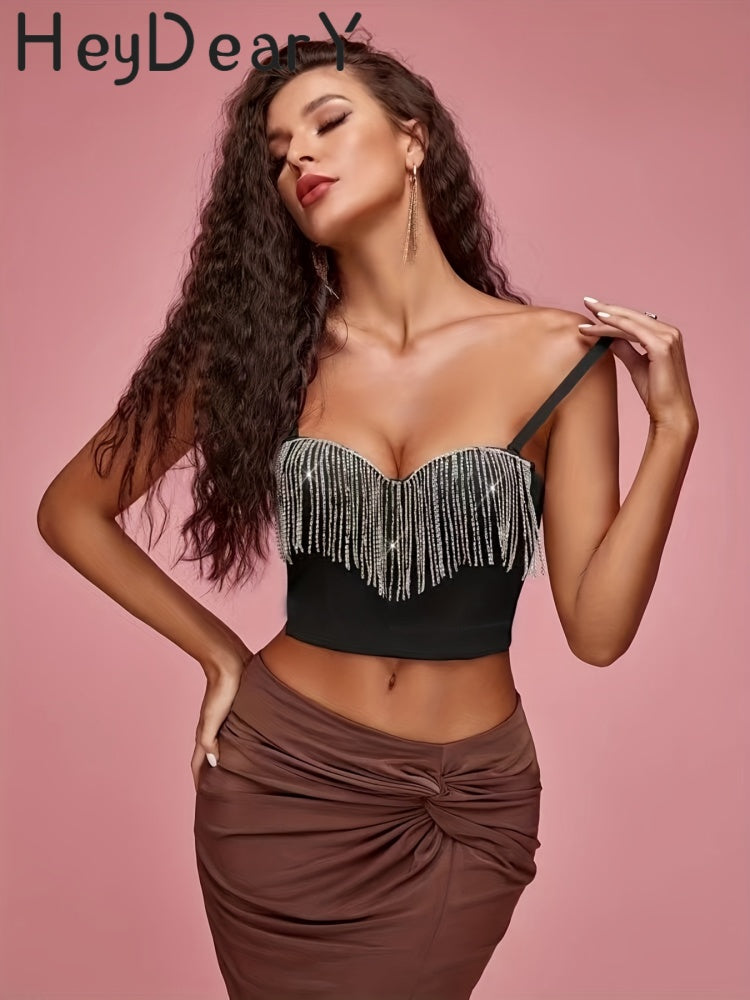 Sparkly Rhinestone Fringe Corset Top | Adjustable Straps & Structured Fit