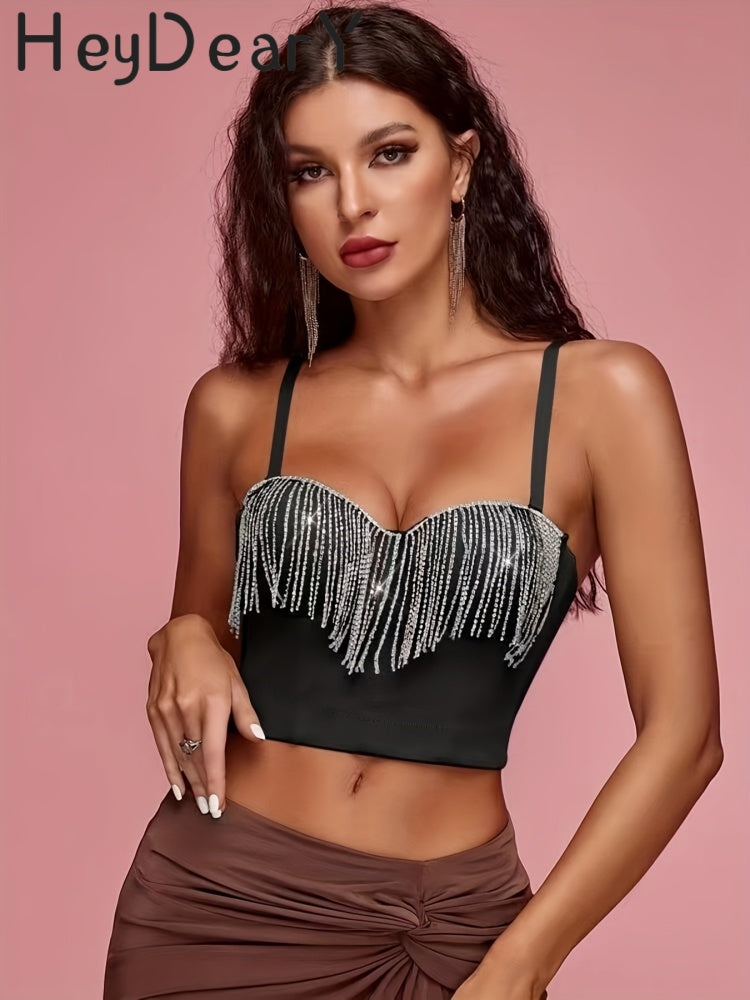 Sparkly Rhinestone Fringe Corset Top | Adjustable Straps & Structured Fit