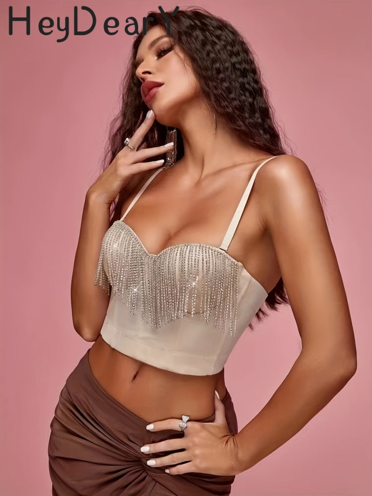 Sparkly Rhinestone Fringe Corset Top | Adjustable Straps & Structured Fit