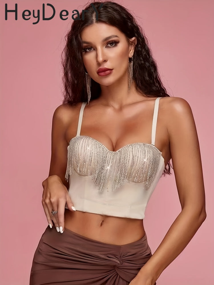 Sparkly Rhinestone Fringe Corset Top | Adjustable Straps & Structured Fit