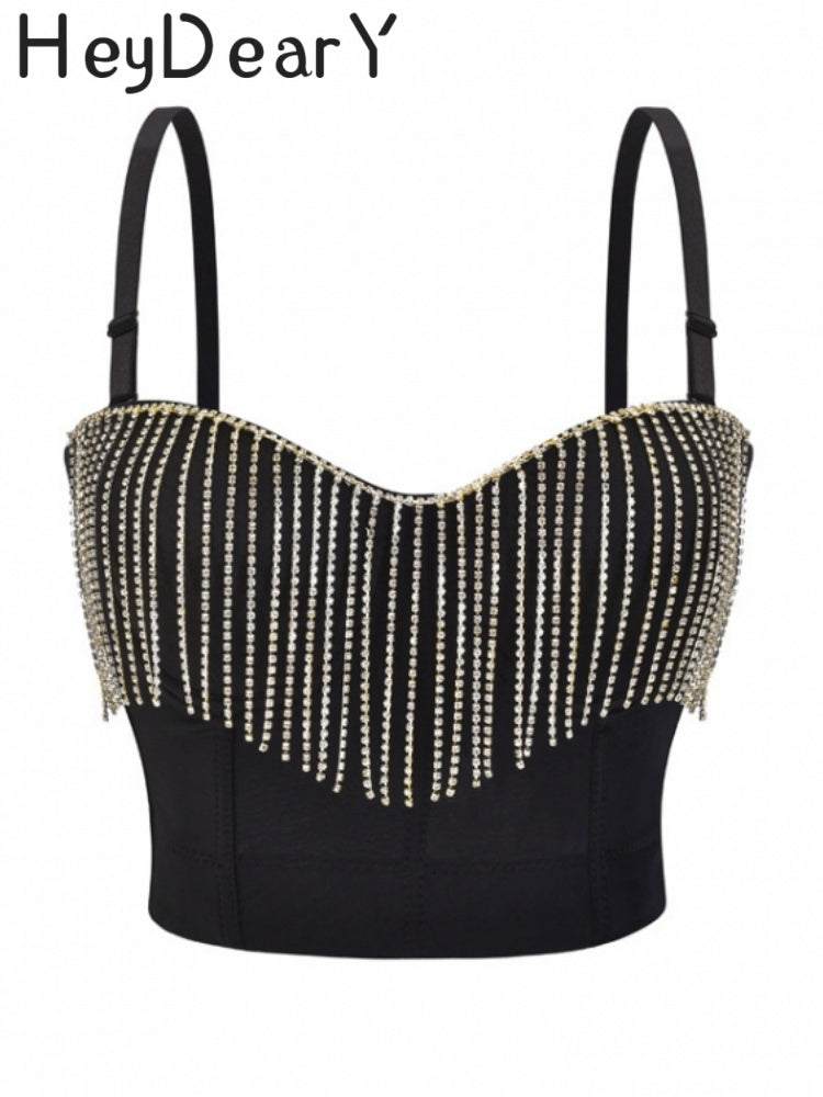 Sparkly Rhinestone Fringe Corset Top | Adjustable Straps & Structured Fit