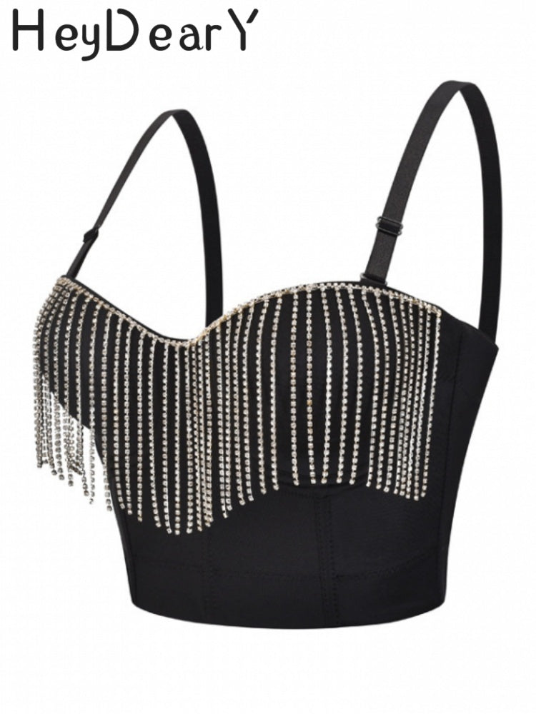 Sparkly Rhinestone Fringe Corset Top | Adjustable Straps & Structured Fit